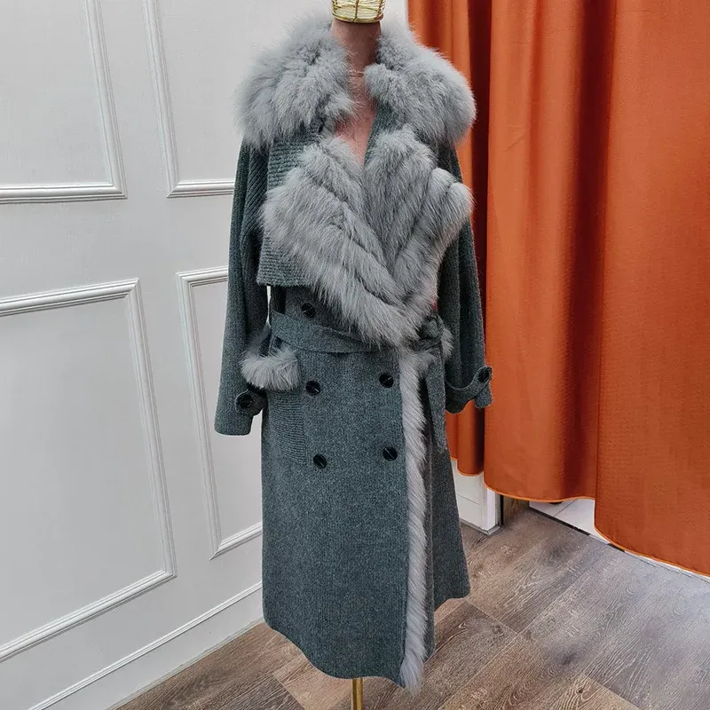 Casaco de lã feminino de pele com gola de pele de raposa real moda ins jaqueta de pele de raposa feminina outono inverno roupas quentes