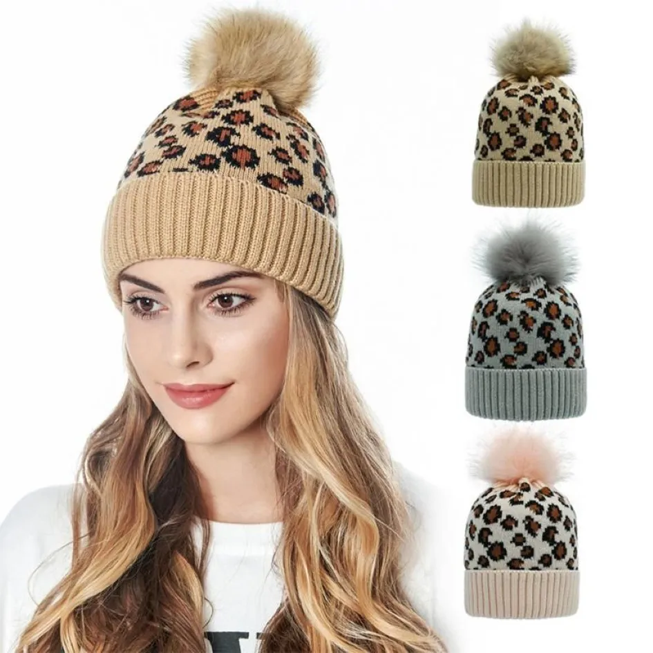 New Autumn Womens Beanie Warm Winter Leopard Print Wool Knit Hat Plain Ski Pom Wooly Cap160L