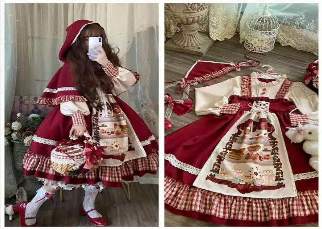 Swobodne sukienki Ruffy miękka dziewczyna urocza japońska sukienka Lolita Women Victorian Burgundy Halloween Little Red Riding Hood Costume 9280487