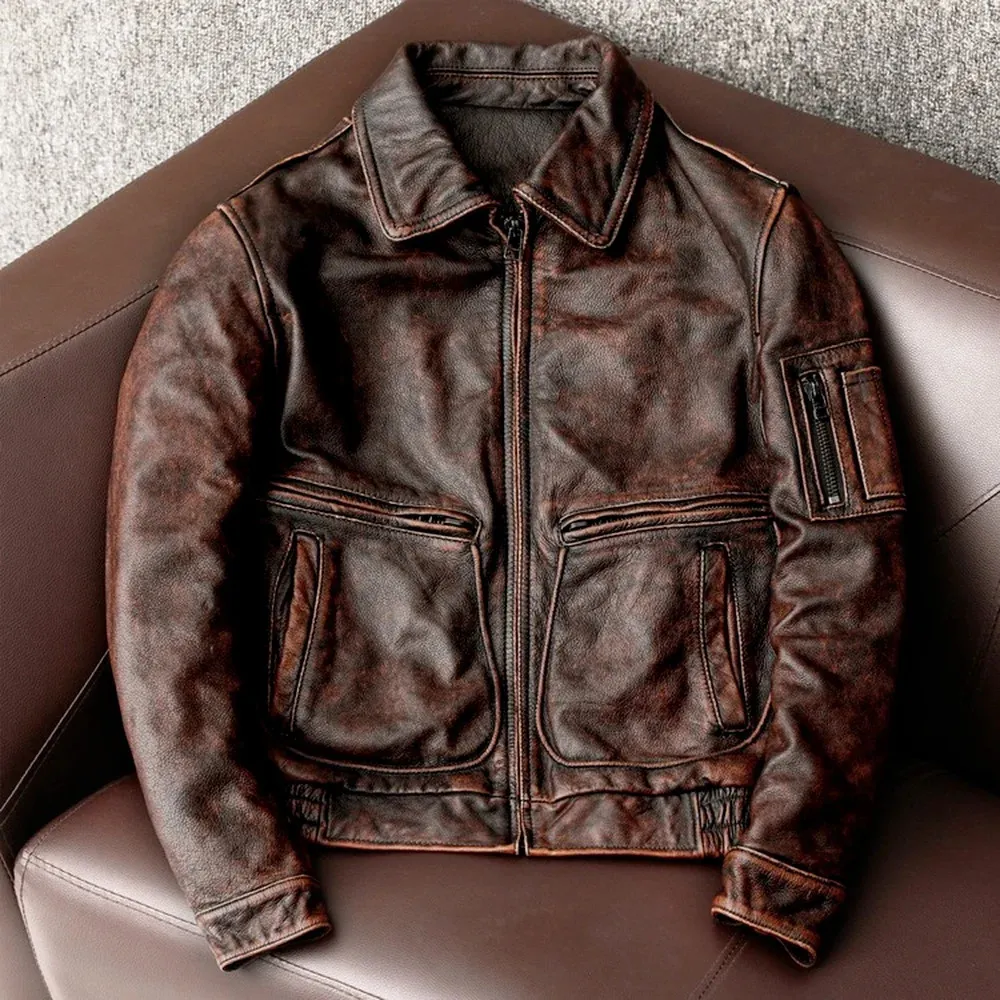 Spring And Autumn Genuine Leather Jacket Men Vintage Cowhide Coat Casual Men Flight Suit Clothing Size S-5XL 240301