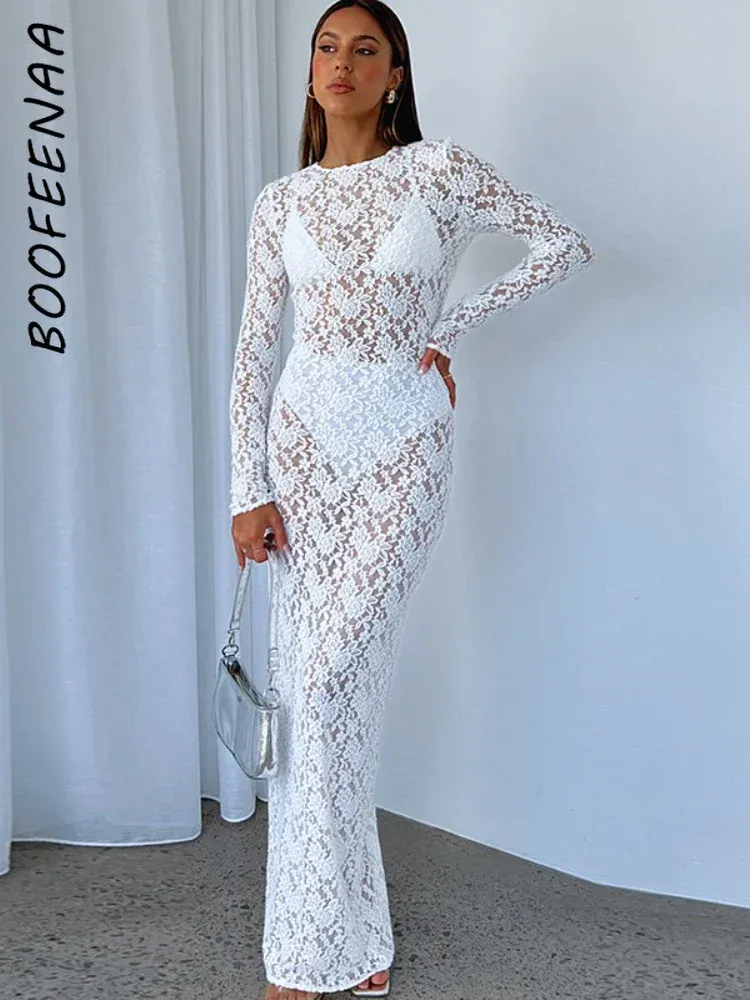 Robe BOOFEENAA blanc noir dentelle florale voir à travers robe Maxi élégant Sexy femmes fête Photoshoot robes à manches longues C15CZ23