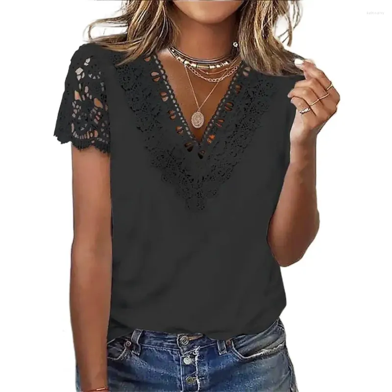 Женские блузки Женская блузка-рубашка Сплошной цвет с коротким рукавом и кружевной строчкой с v-образным вырезом и вырезом на каждый день Свободный женский летний топ с вырезом
