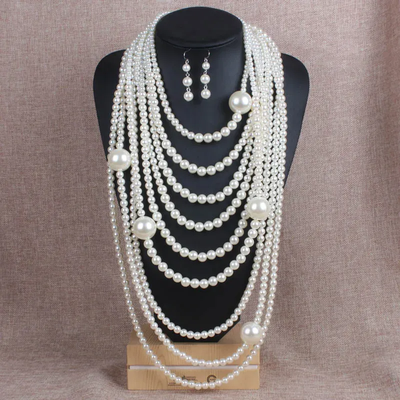 Fashionable And Exaggerated Multi-layer Pearl Necklace Set With Earrings Sets Long Sweater Chain Jewelry Wholesale
