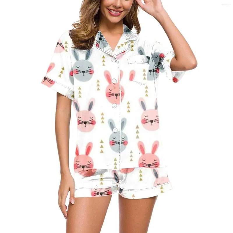 Kadın Placesmes İpek Saten Pijamalar Mutlu Paskalya Baskı Pijamaları Set Kısa Kollu Takım Kadın Gömlek Top Şort İki Parça Set