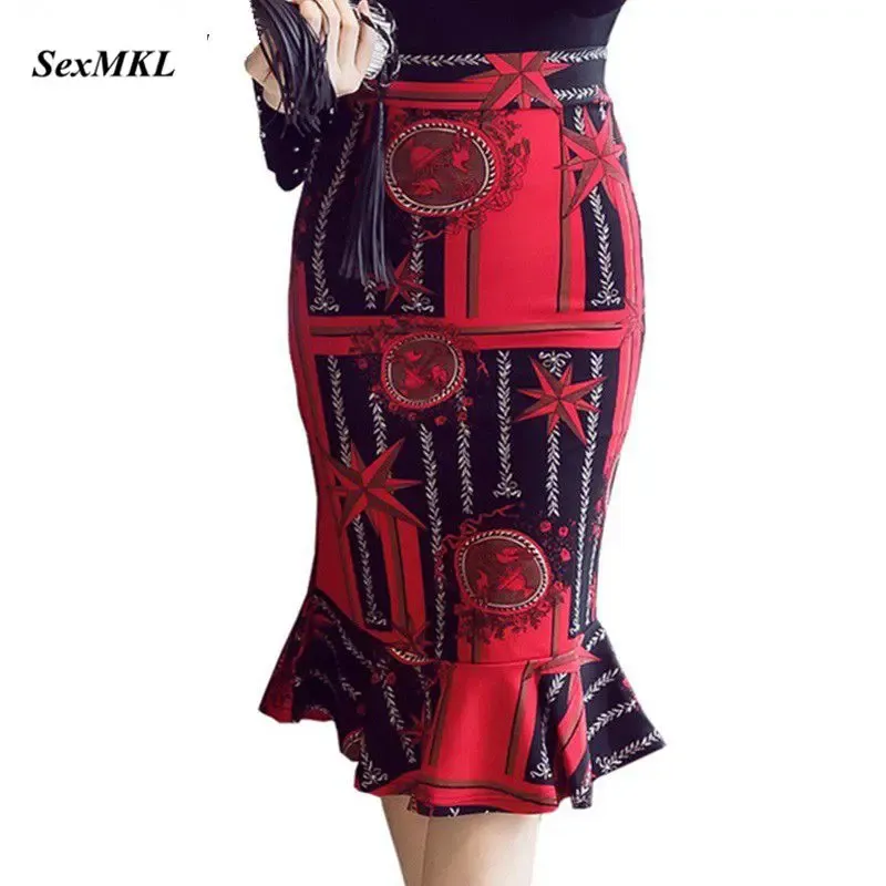 Robes S5xl Femmes Jupes 2022 Hiver Élégant Sexy Taille Haute Jupe Vintage Bureau Dames Formelle Imprimer Longues Jupes Crayon Rouge Surdimensionné