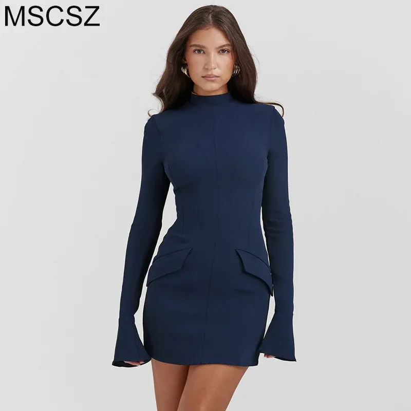 Dress Mock Neck Long Sleeve Mini Dress Autumn Winter Bodycon Short Club Party Dresses For Women Elegant Black Office Dress With Pocket