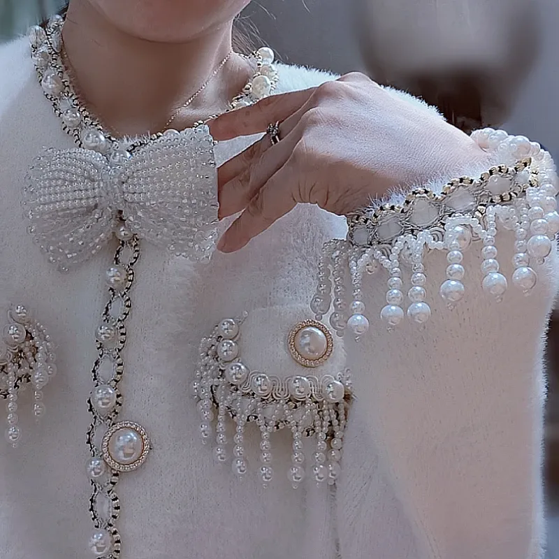 Cardigans Fairy Handmade Pearls Beaded Tassels Knitted Cardigan Thickened Bowtie Diamonds Fringed Sweater Coat Outwear Crop Tops Sueter