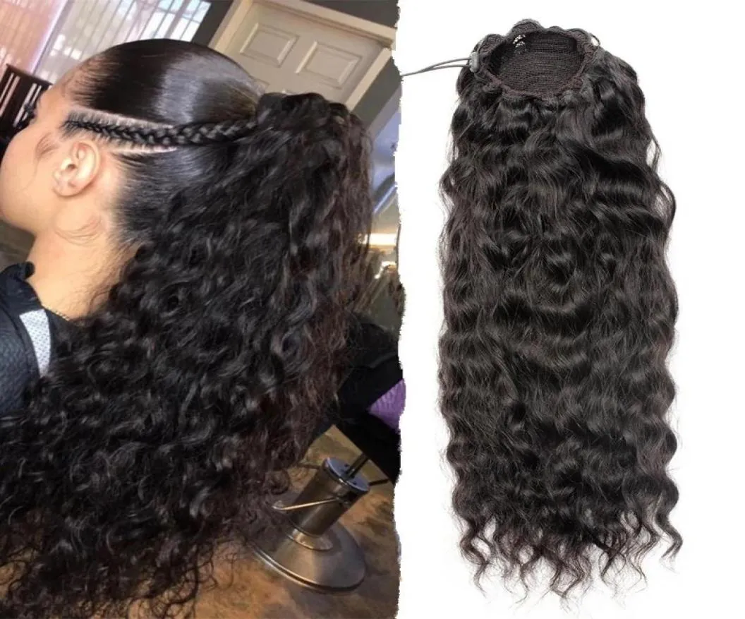Young girl Drawstring ponytail human clip in hair extension water wave horsetail Brazilian With Afro 4 Combs Remy Natural Wavy Pon9769538