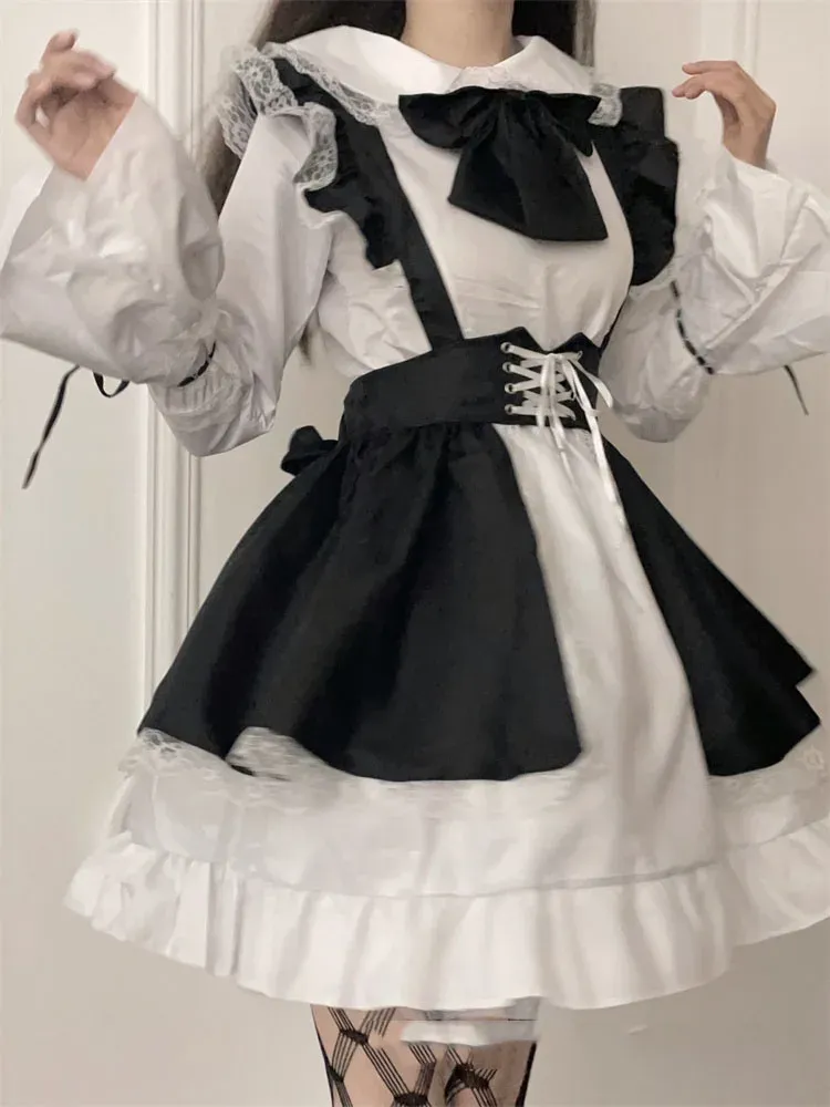 Dress Retro Women Maid Outfit Anime Long Dress 2023 New Casual Black White Apron Dress Lolita Dress Women Cafe Costume Cosplay Costume