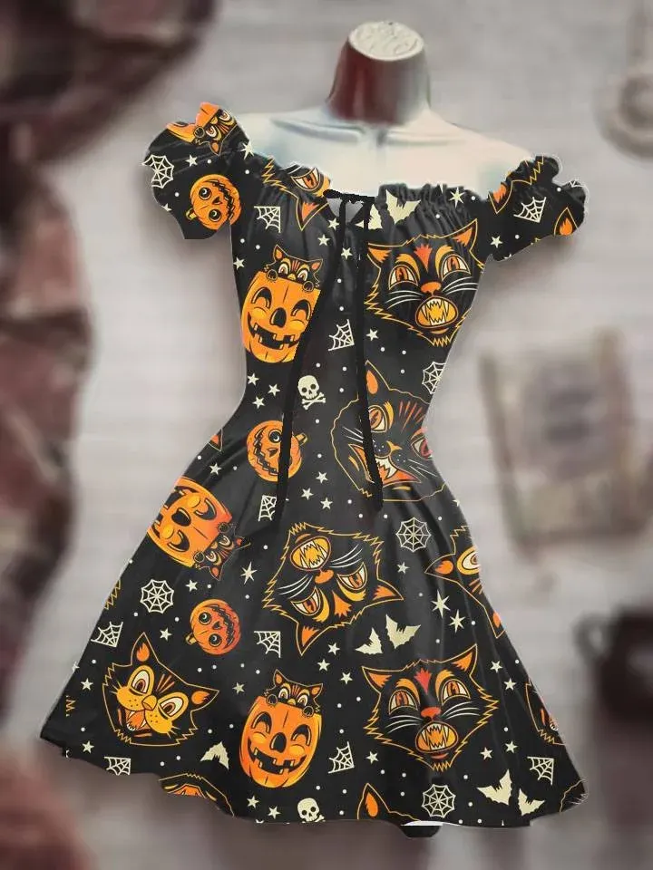 Dress Women Pumpkin Party Print Dress Halloween Vintage Casual Lantern Sleeve off shoulder Lace up waist Aline Elegant skirt