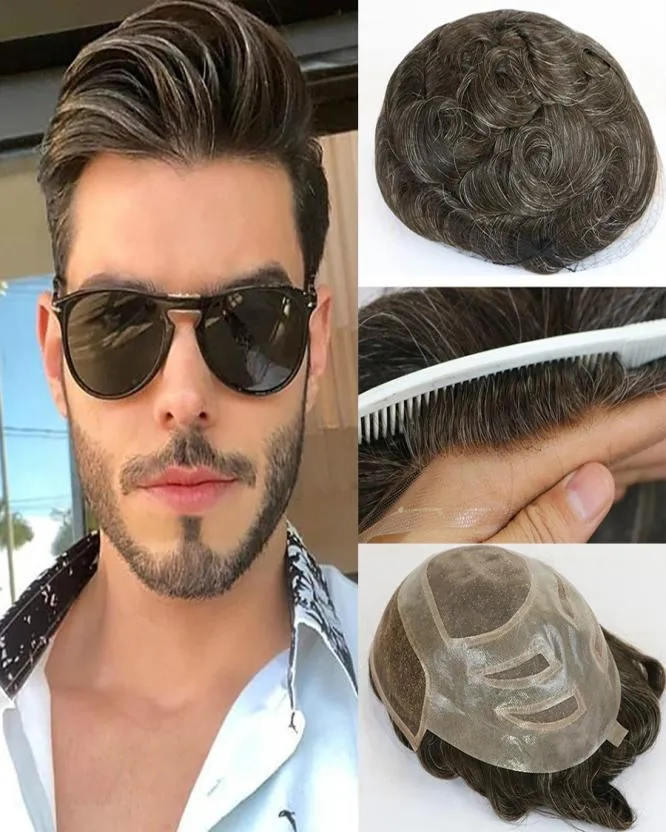 2020 Natural Human Hair Mens Toupee French Lace Front Hair Replacement System Fine Mono Hairpieces Wigs For Men4365057