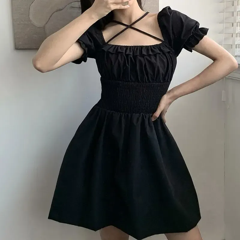 Elbise Goth Uzun Kollu Elbise Kadınlar Artı Boyut Harajuku Punk Siyah Mini Elbiseler Sonbahar Dantel Yukarı Yüksek Bel Aline Vintage Gotik Giysiler