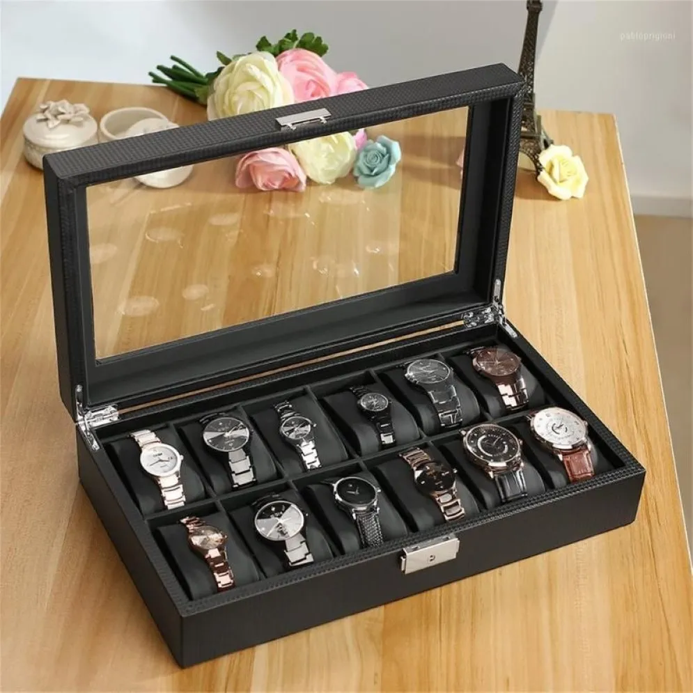 Caja de reloj de carbono con 12 ranuras de polipiel, diseño de fibra, soporte de almacenamiento para exhibición de joyas, bobinadora, caja de relojes grande negra, saat kutusu1207g