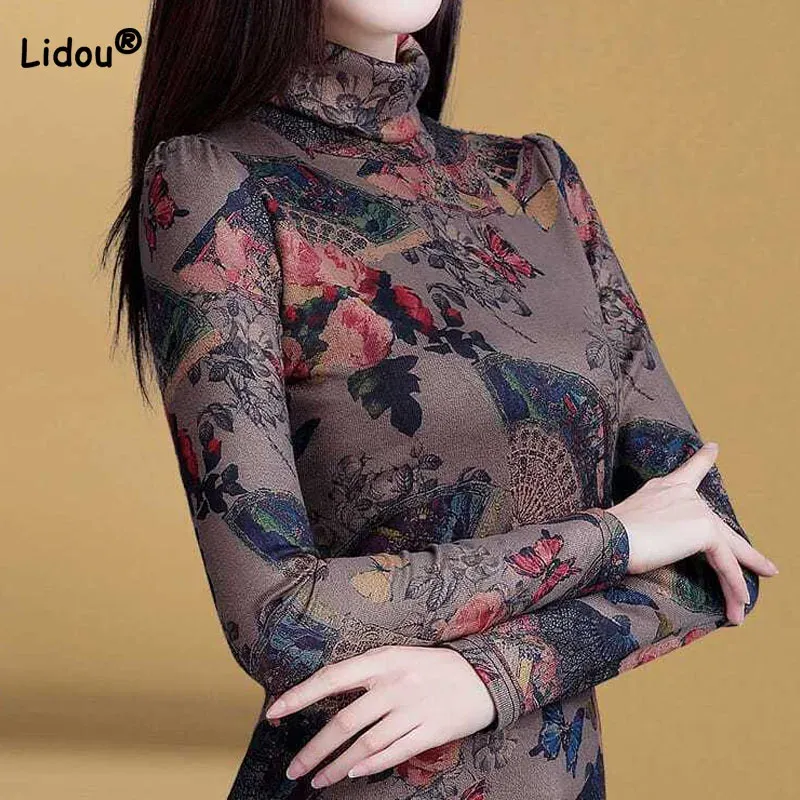 T-Shirts Elegant Women's Turtleneck Vintage Floral Printed Tshirt Spring Autumn Fashion Slim Long Sleeve Tops Pullovers Female Clothing