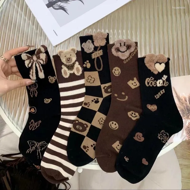 Chaussettes thermiques pour femmes, 5 paires, fil de plumes, ours de dessin animé, polyvalent, mignon, Tube moyen, automne/hiver