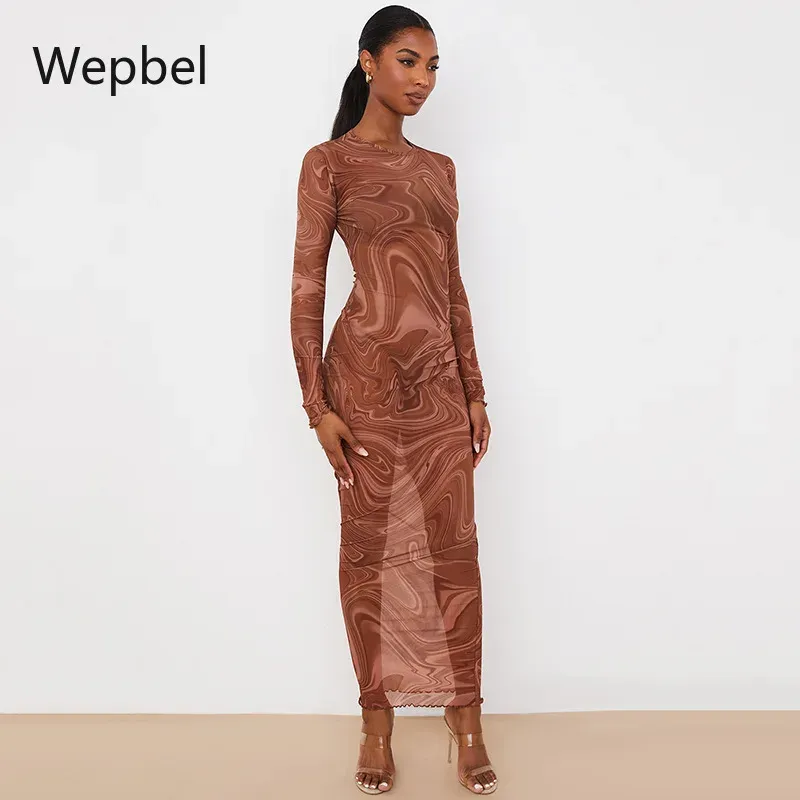 Dress Wepbel Perspective Dresses Hot Girl Sheer Mesh Long Sleeve Printed Dress Women Sexy ONeck OneStep Bodycon Clubwear Dress