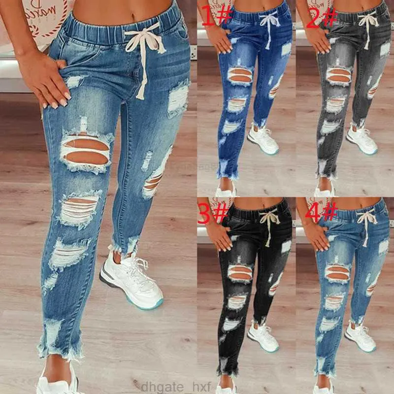 Designer Sexy Women hole Jeans Pierced Tassel Slit Denim Pencil Pants Casual Straight Ladies Fashion Leisure Trousers 2022 trends