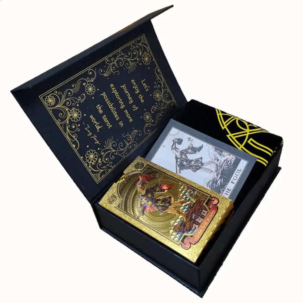 Hediye Kutusu Seti Deluxe Gold Folyo Tarot Markası 12 * 7cm Damgalama PVC Su geçirmez ve aşınmaya dayanıklı tahta oyun kartı 240223