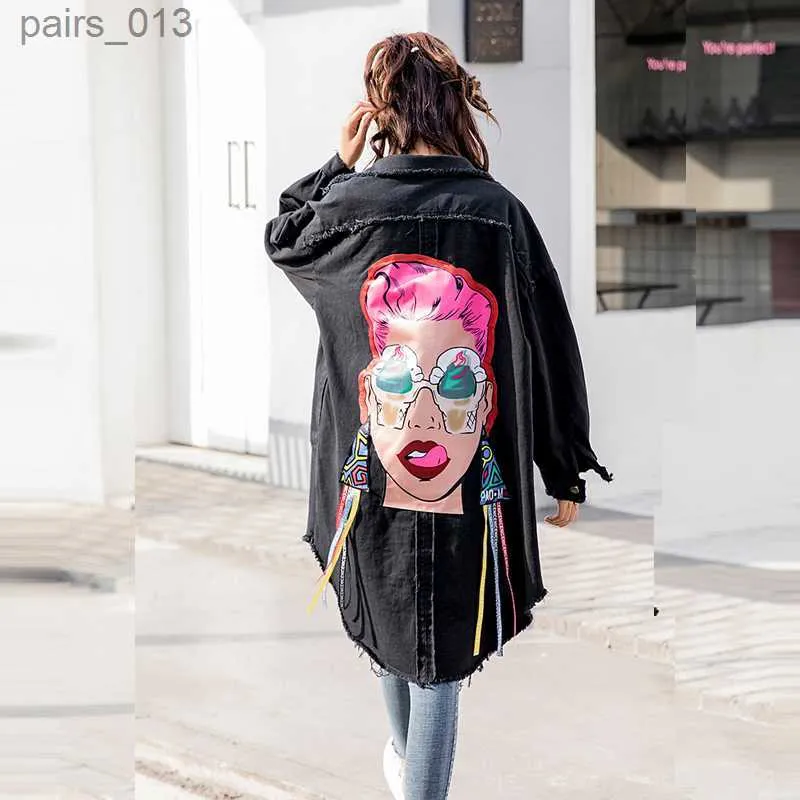 女性用ジャケットスプリングジャンジャケットブラックフルスリーブカラーバック印刷新しい240305