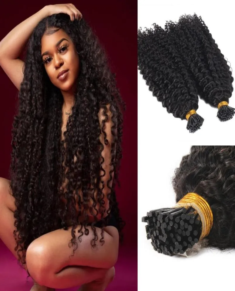 Afro kinky curly i tips mänsklig hårförlängning jungfru brasiliansk keratin pre bunded stick mikrolinks itip naturlig svart 100g4261466