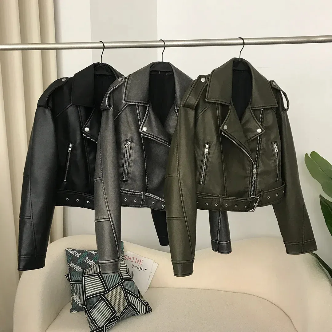 ジャケット・アウター ROUND SHORT SYNTHETIC LEATHER JACKET Women's Biker Faux Leather Jacket Cropped Short Belted Zip