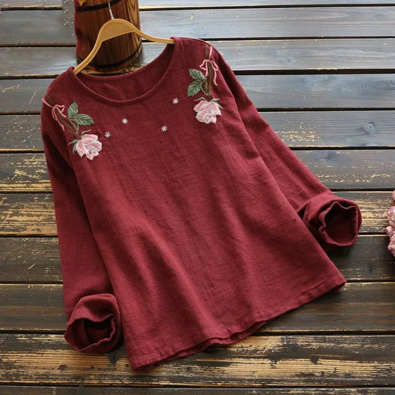 Blouse Embroidery Blouse Women Long Sleeve Vintage Clothes O Neck Cotton Linen Basic Tee Shirt Loose Ladies Tops Casual Tunics