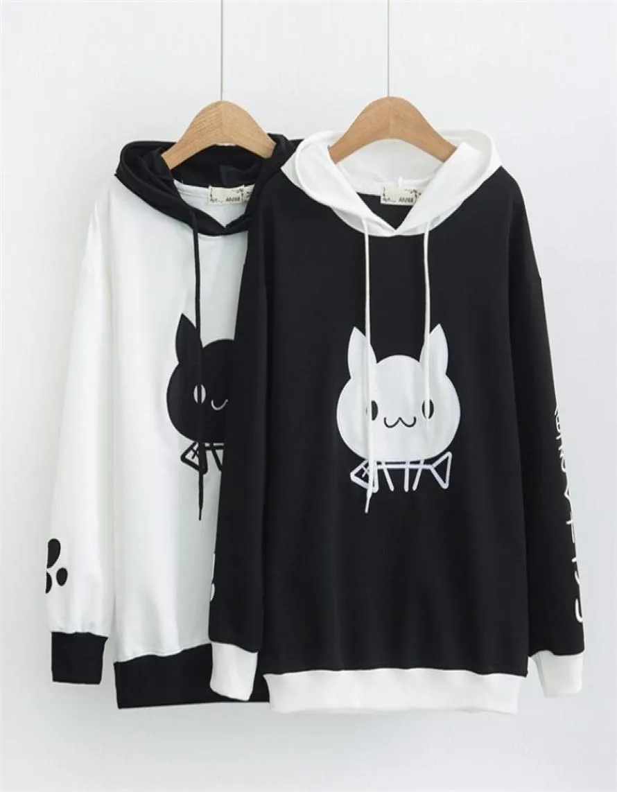 Mulheres outono moda hoodies pulôver japonês gato palavras hoodies harajuku kawaii feminino preto branco retalhos moletom y1908296186868