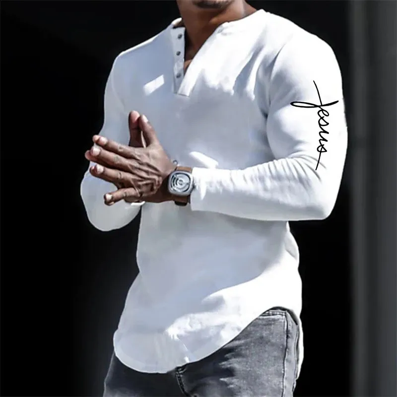 Våren Henley skjortor Jesus Christ Cross 3D Print streetwear Mens Vintage Buttondown långärmad t -shirt man tees toppar kläder 240223