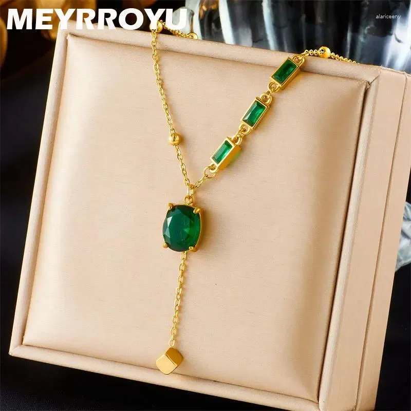 Catene MEYRROYU Collana con ciondolo cubo color oro in acciaio inossidabile 316 per le donne Regalo di gioielli per feste di lusso vintage in pietra verde