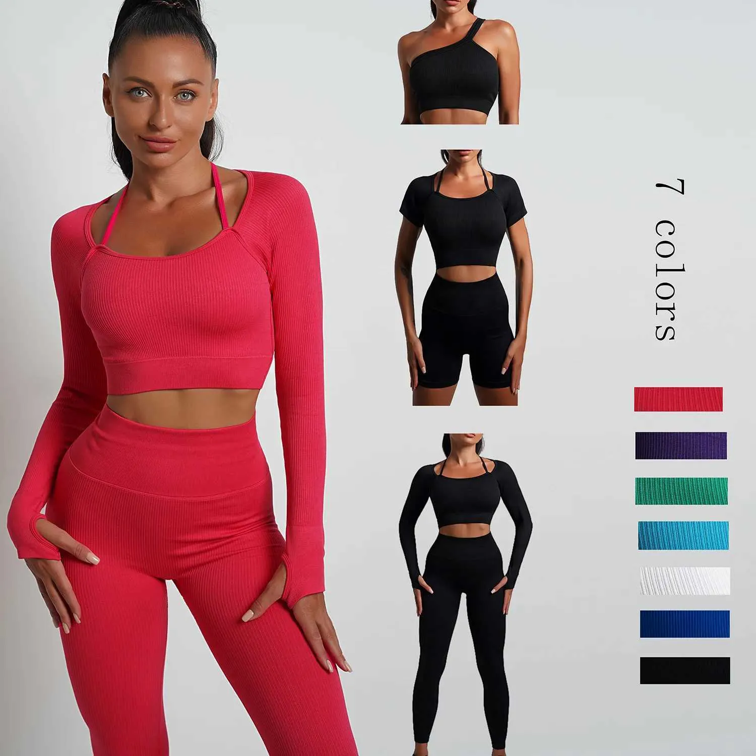 Women's Tracksuits 25 piece seamless yoga set sports and fitness high waist and hip lifting pants short sleeved set sports and fitness leg set J240305