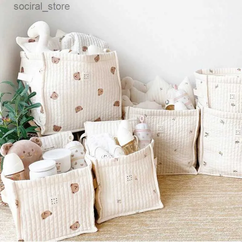 Sacs à couches Mignon ours Olive tulipe broderie bébé sacs à couches organisateur de couches vêtements bouteille jouets panier de rangement grand coton maman fourre-tout BagL240305