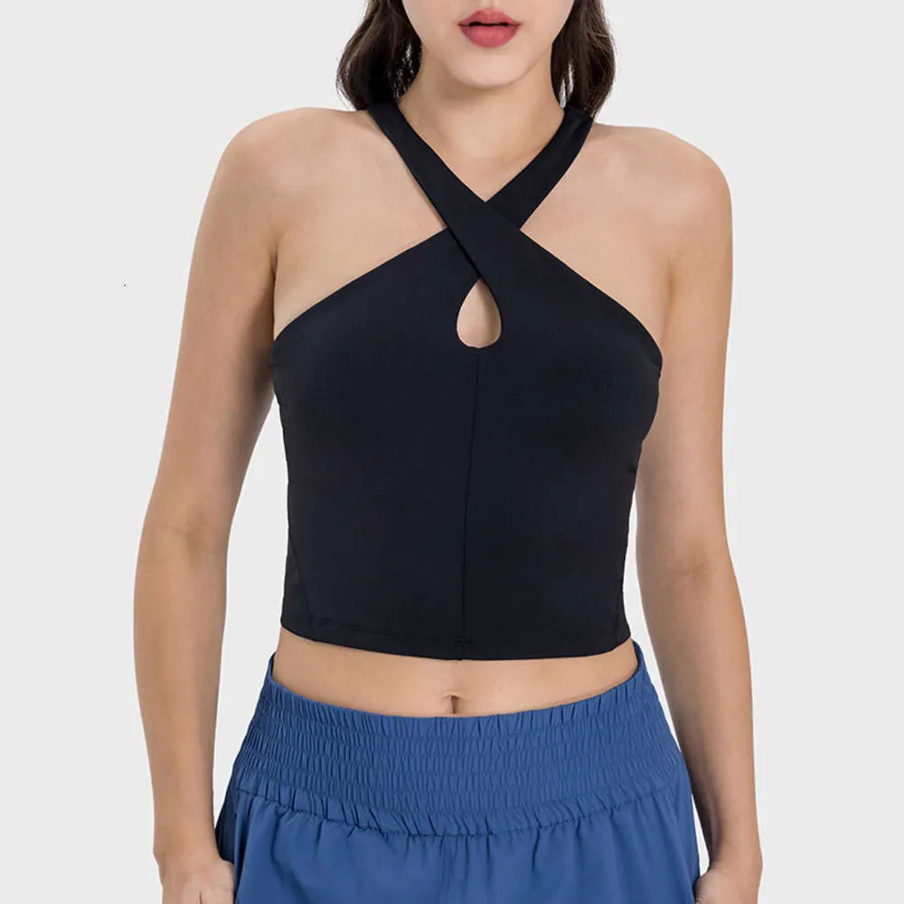 Débardeur de sport et de Yoga, col suspendu croisé, Sexy, nombril ouvert, petite écharpe avec soutien-gorge rembourré, vêtements d'exercice, de gymnastique, LU-089