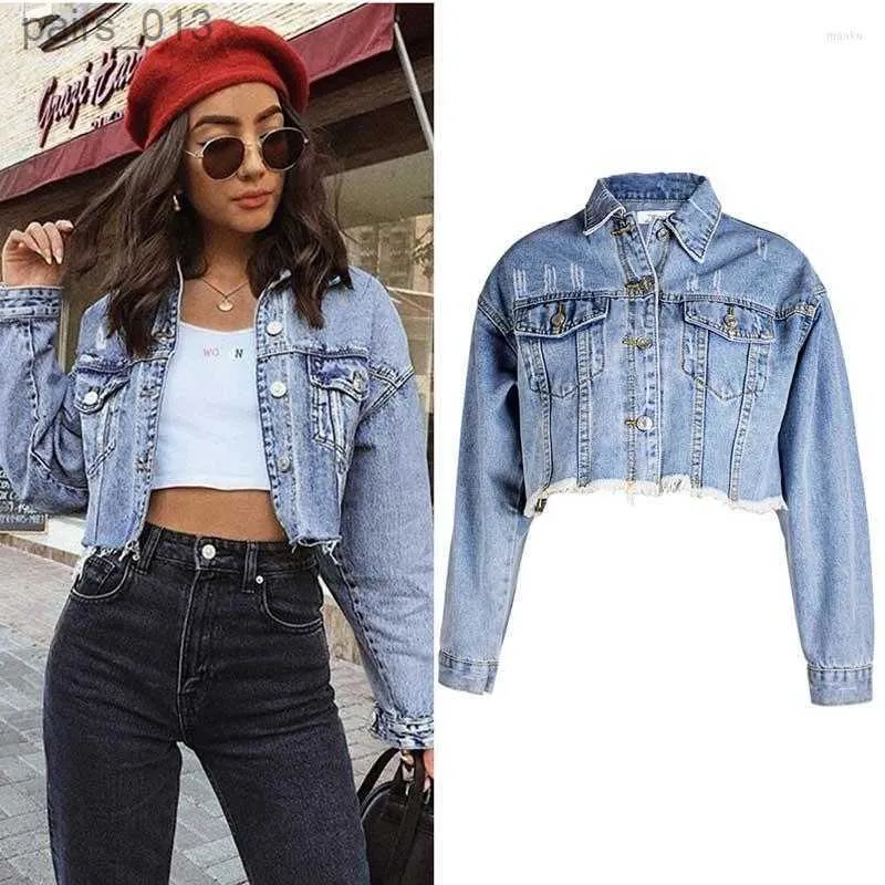 Vestes pour femmes Vestes courtes Crop Denim Street Light Blue Mujer Chaqueta Automne pour Chamarras De # 010 240305