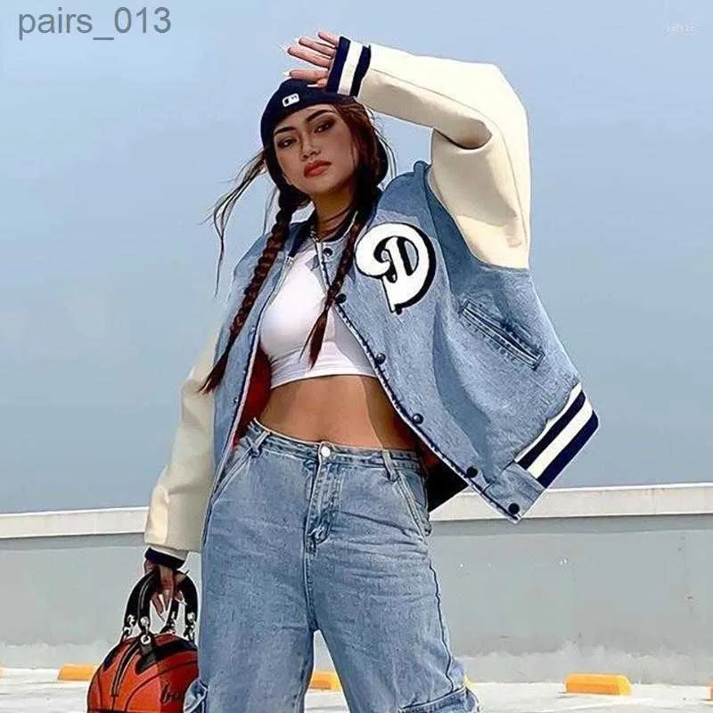 Women's Jackets Jackets Oversized Denim Baseball Varsity Fall Winter Sleeve Fashion Letter Blue Y2K Coat 240305