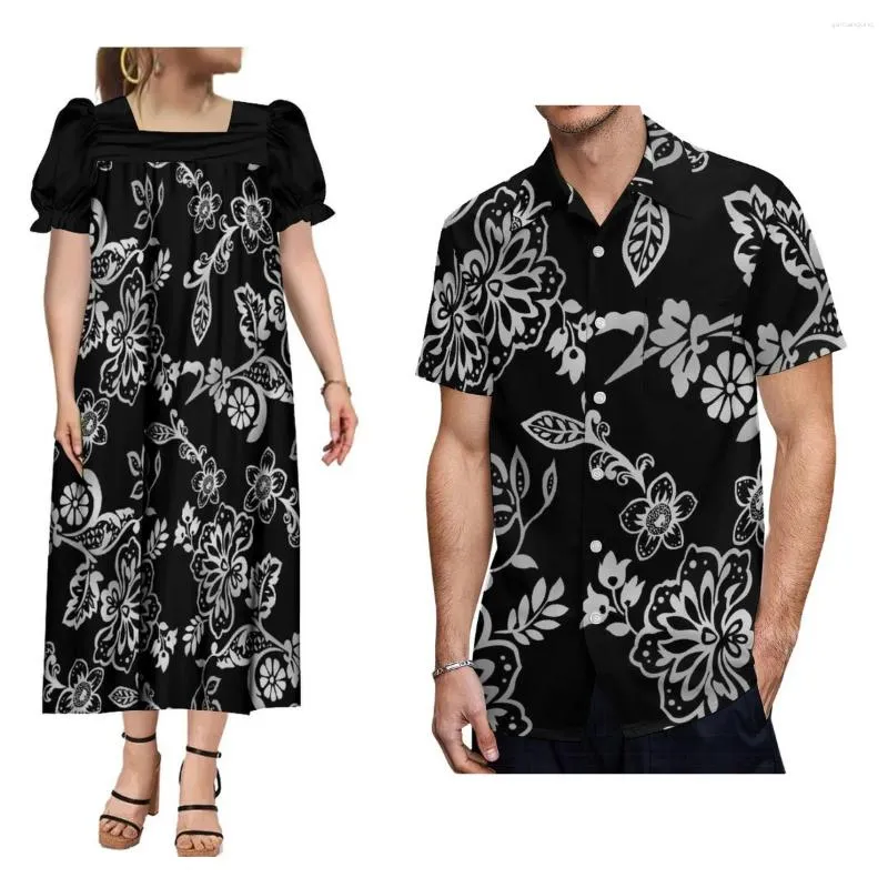 Casual Dresses Ly Designed Mumu Women'S Puffed Sleeve Dress Elegant Long Skirt And Hawaiian Men'S Button-Down Shirt Couple Suit