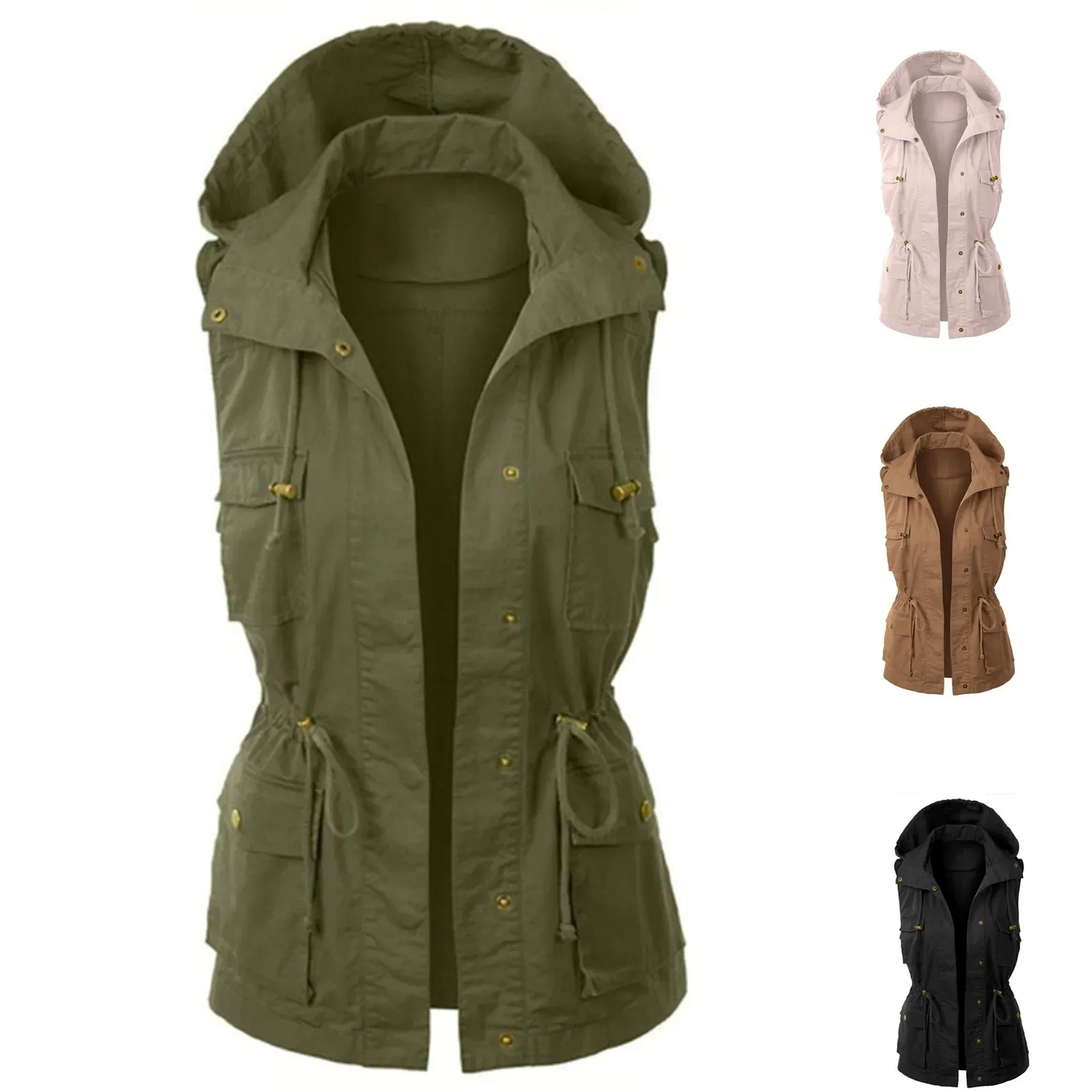 Westen Damen Winterweste Damen Leichte ärmellose Militär-Kordelzugjacke Kapuzenweste Damen Winter Warm Lässiger ärmelloser Mantel