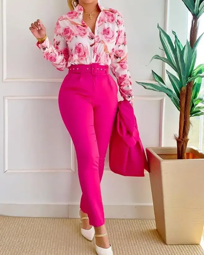 Suits Two Piece Sets Womens Outifits 2023 Spring Fashion Floral Print TurnDown Collar Long Sleeve Shirt & Casual High Waist Pants Set