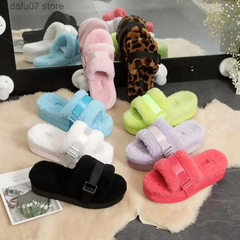 Slippers Sandals High Quality New Natural Wool Fashion Winter Womens Indoor Warm Sheep Fur Comfy Platform Ladies House ShoesH2435
