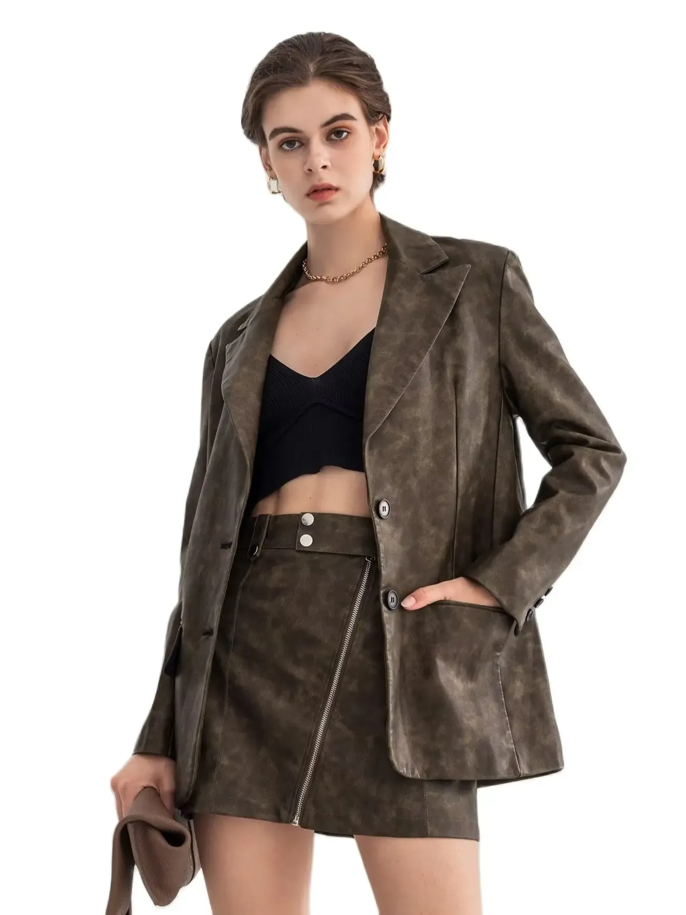 Jackor 2023 Nya Autumn Winter Women Vintage Soft Faux Leather Blazer Jackor Female Brown Pu Long Sleeve Button Slim Fit Designer Coats