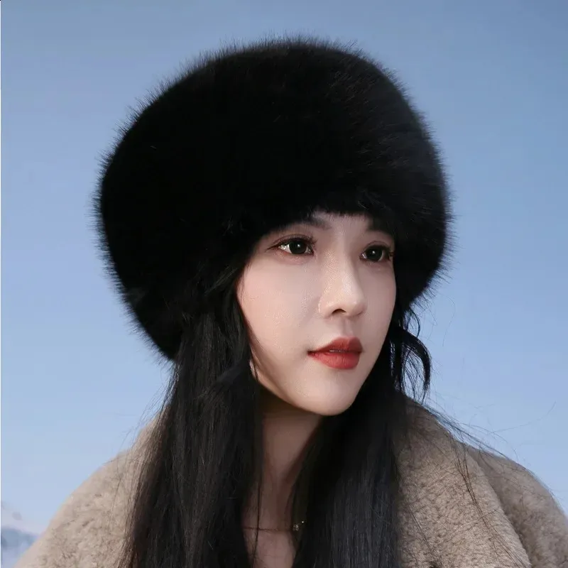 Super modny zimowy kapelusz śnieżny faux futra grube kobiety puszyste czapkę narciarską rosyjskie wiatroodporne impreza luksusowe ciepłe czarne 240227