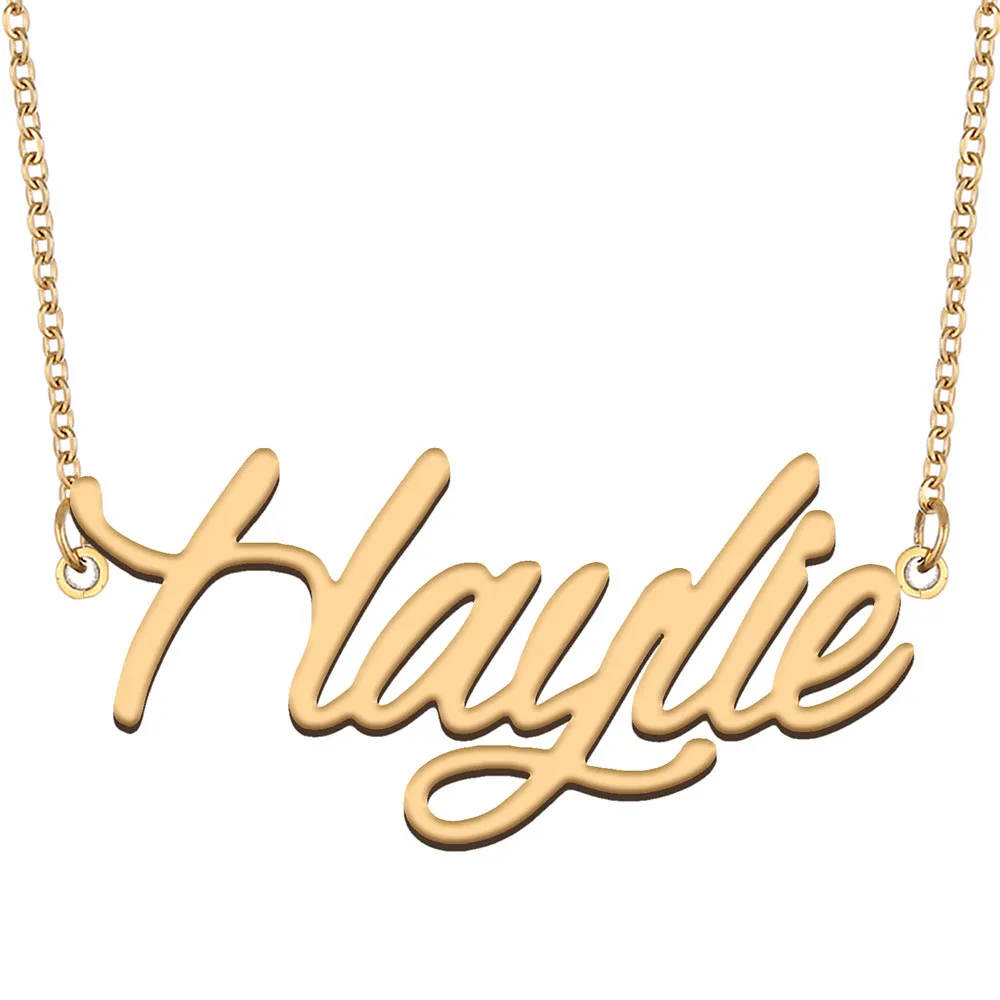 Haylie nom collier pendentif personnalisé personnalisé pour les femmes filles enfants meilleurs amis mères cadeaux 18 carats plaqué or acier inoxydable