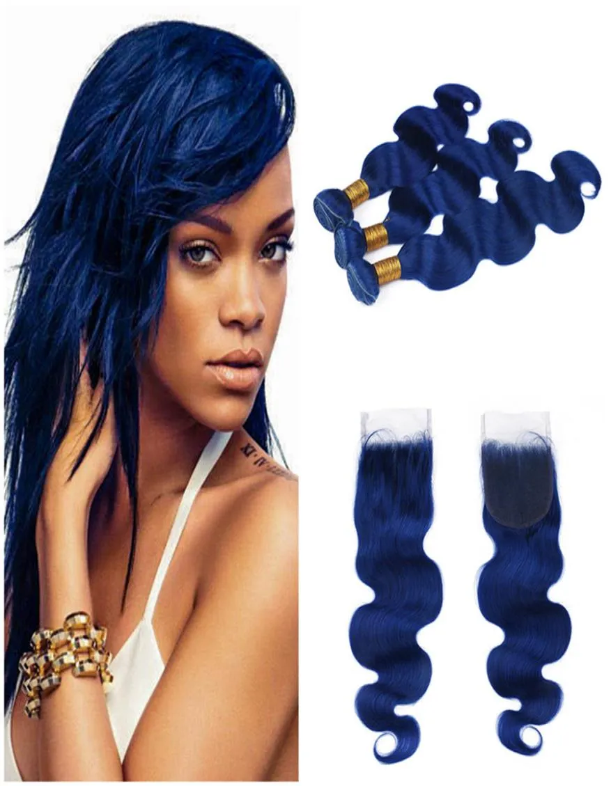 Fasci blu scuro con chiusura Fasci di capelli umani ondulati dell'onda del corpo con chiusura Offerte di bundle di capelli vergini brasiliani blu notte wit9609195