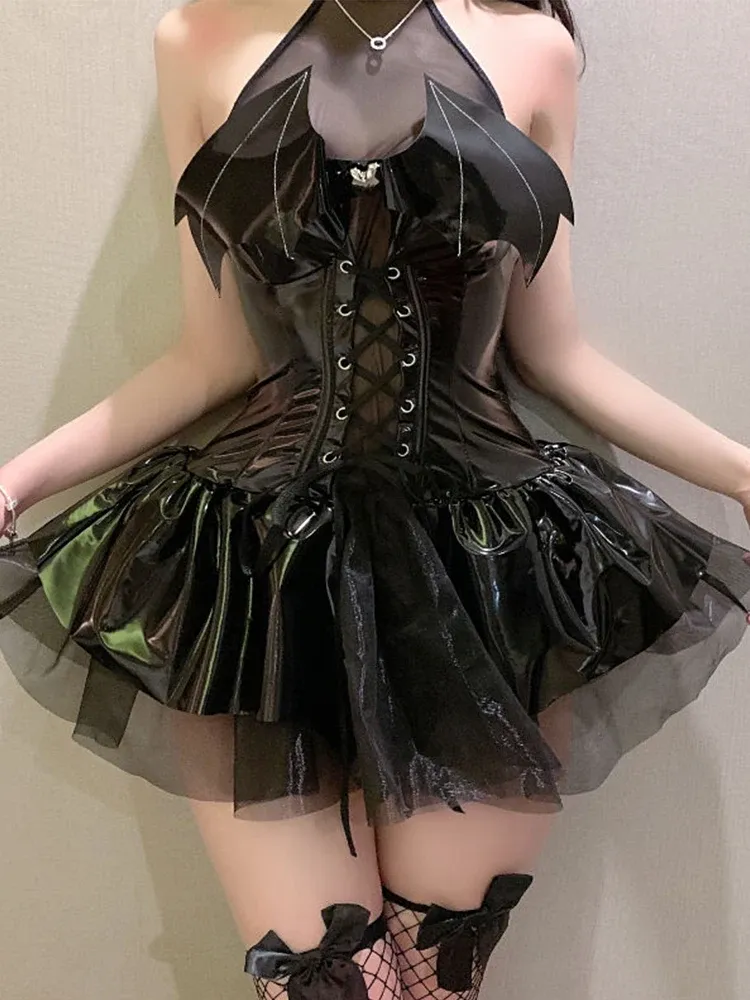 Dress Devil Girl Pu skórzany garnitur Kobiety Suckiebus Cosplay Bieliczka Kostiumów kantar Seethrough Lace Spódnica seksowna piżama pokojówka mundur