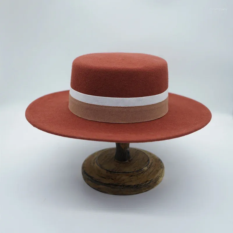 Bérets ferme laine large bord chapeau hiver Fedoras classique Panama Rancher pour les femmes plaisancier rouille bande rouge dames fête