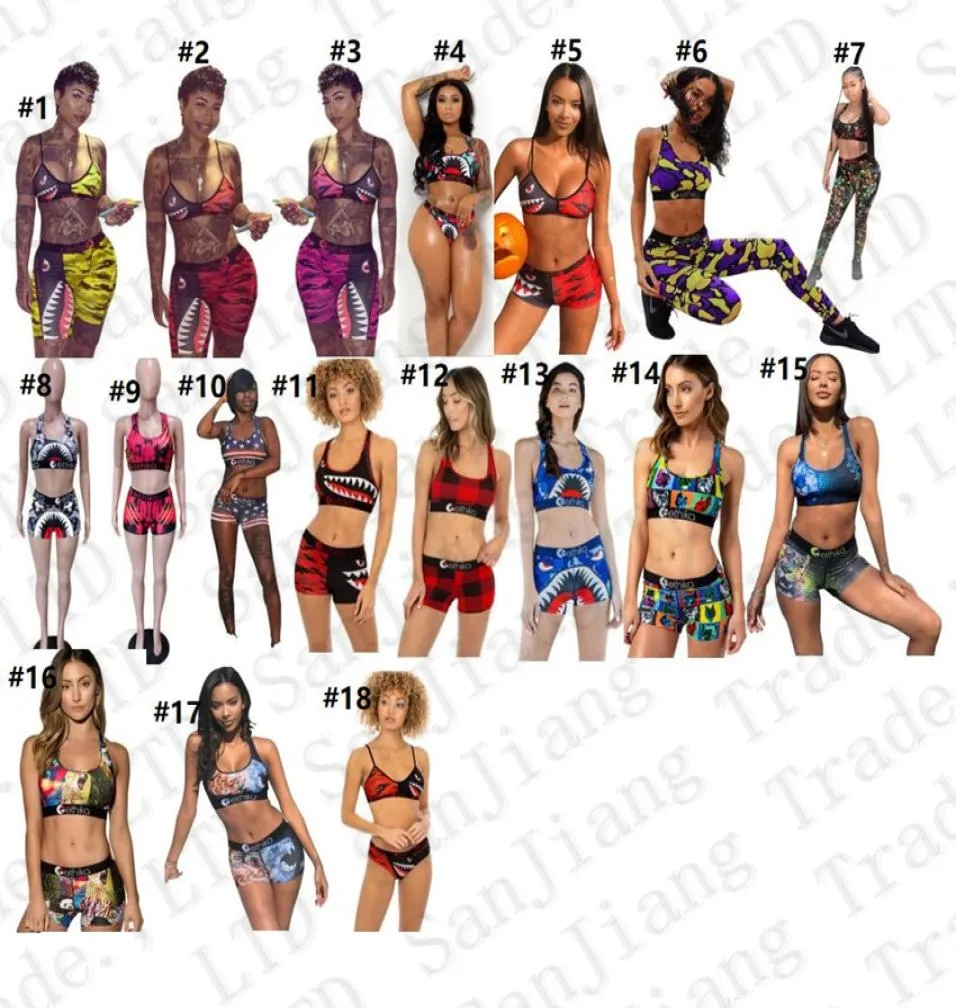 18 Colors Swimwear Women Tie up Bra Shorts Swimming Trunk Pants 2 Piece Tracksuit Patchwork Shark Camo Swimsuit Bikini Set E229089908517