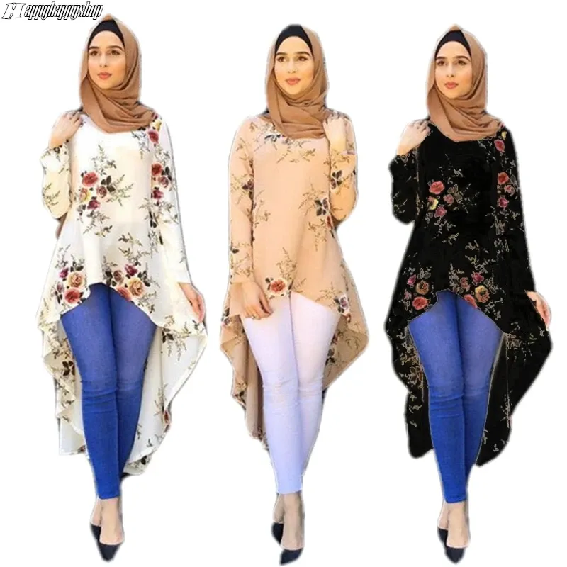 Tops Dubai Floral Irregular Dress Women Muslim Casual Long Sleeve Shirts Islamic Abaya Kaftan Turkey Arab Fashion Tops Blouse S2XL