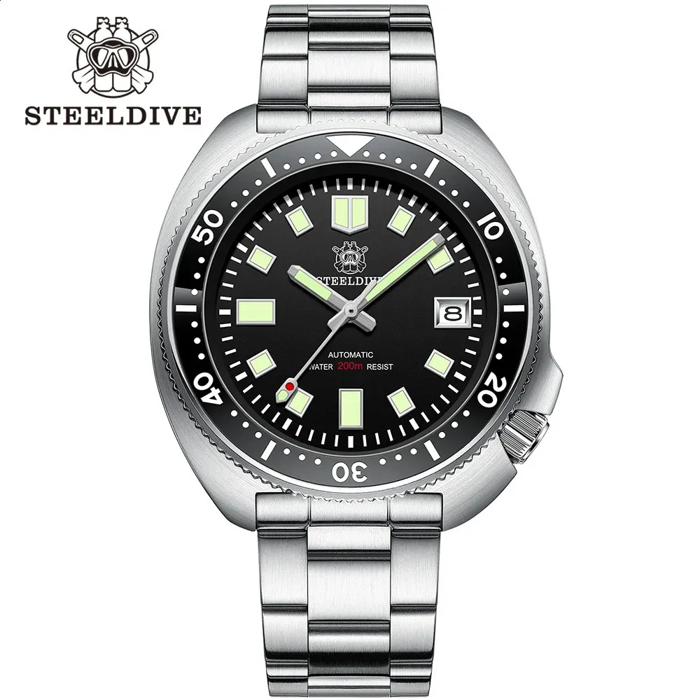 Steeldive SD1970 Белый фон с датой 200M Водонепроницаемые часы NH35 6105 Turtle Автоматические дайверские часы 240220