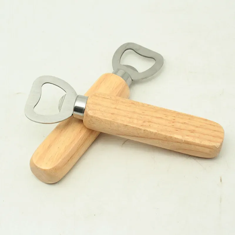 Portable Bartender Bottle Opener Wood Handle Handheld Stainless Steel Wine Beer Soda Glass Cap Bottles Openers Home Kitchen Bar Tools Customizable Logo HY0300