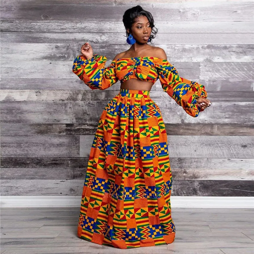 Eleganta kvinnor två stycken set klänning sexig slashneck ärmlös blus topp hög slits kjol vintage afrika nationell tryck dam kostym 240226