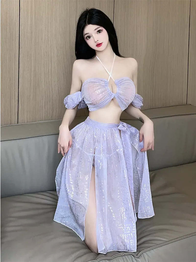 Robe Robe de fée chinoise violet Sexy déesse reine robe fendue haute robe sexy élégante maille dentelle pure transparente hauts à la mode S9IO